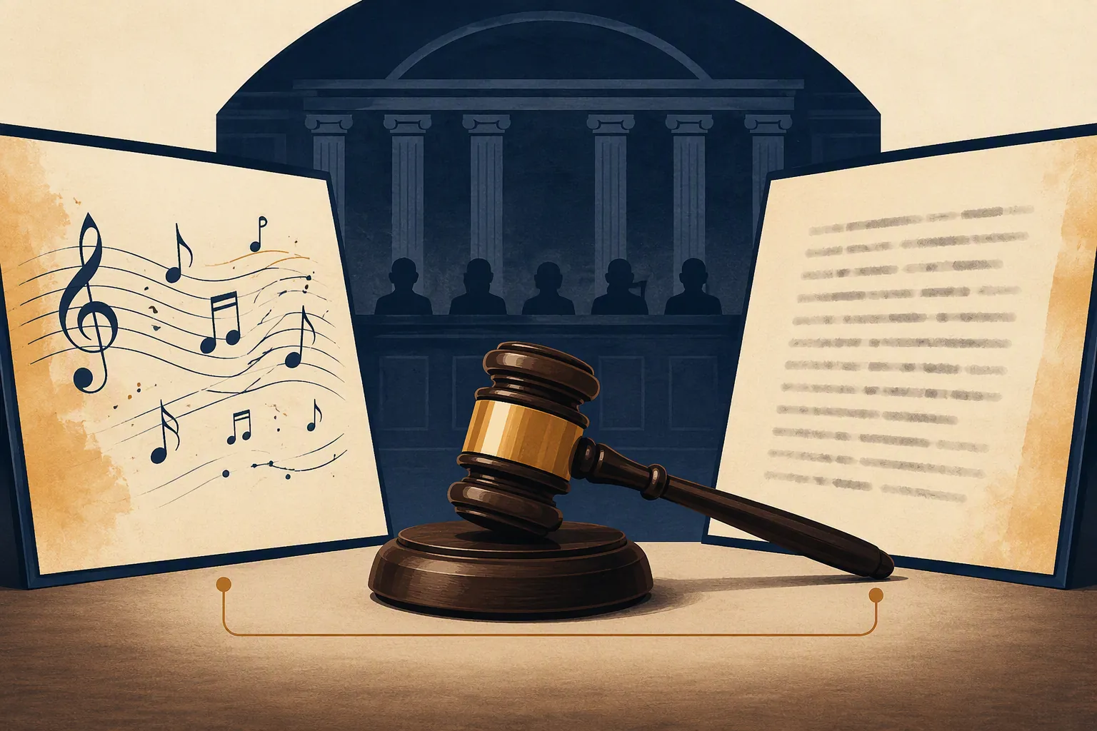Judge's gavel between pages with music notes and text, symbolizing reasoning moving from lyrics to music