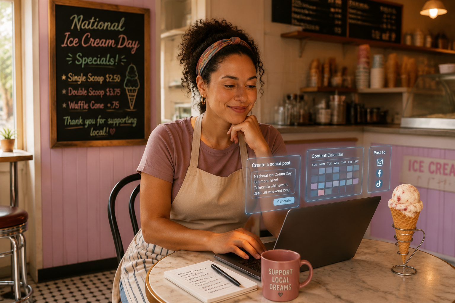 Local ice cream shop owner planning a National Ice Cream Day campaign on a laptop