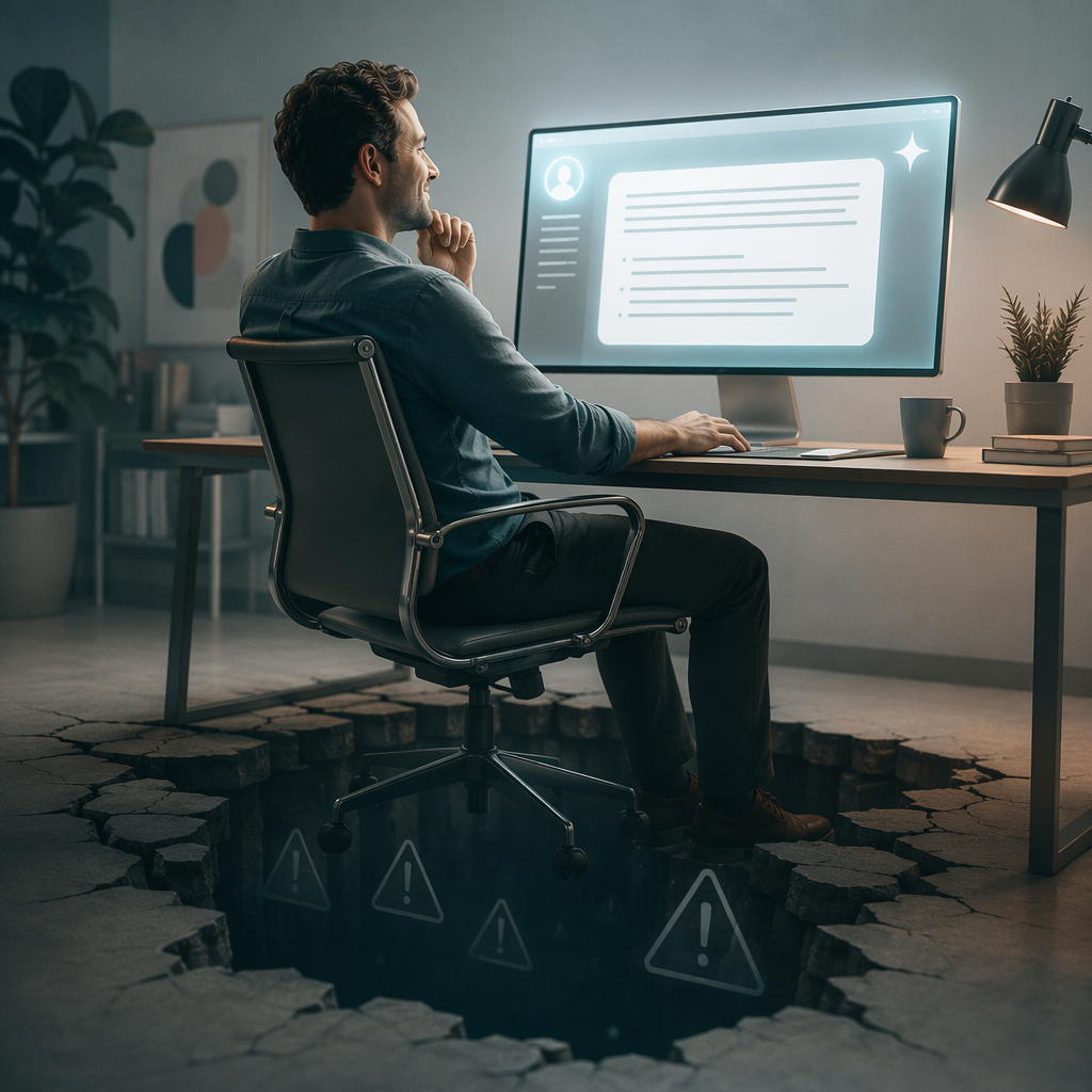 Person accepting a polished AI response while a subtle trapdoor forms beneath the chair