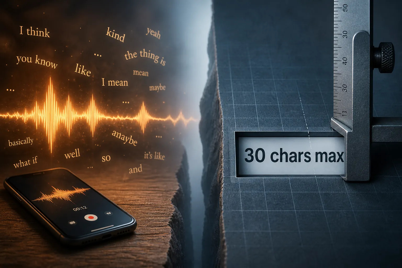 Voice waveform and speech bubbles separated from a structured ad copy box compressed by a measurement ruler