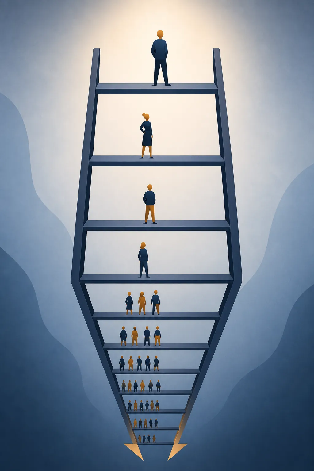 Compressed lower rungs of a marketing career ladder with wider senior rungs above