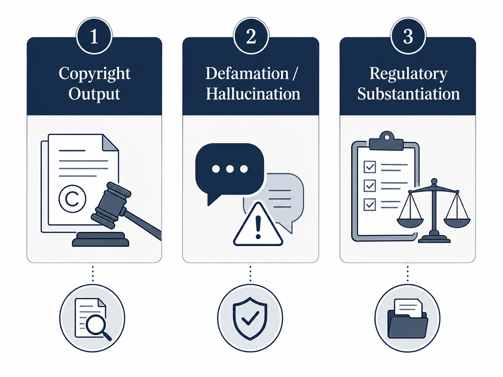 Three-column framework showing copyright output, defamation hallucination, and regulatory substantiation controls