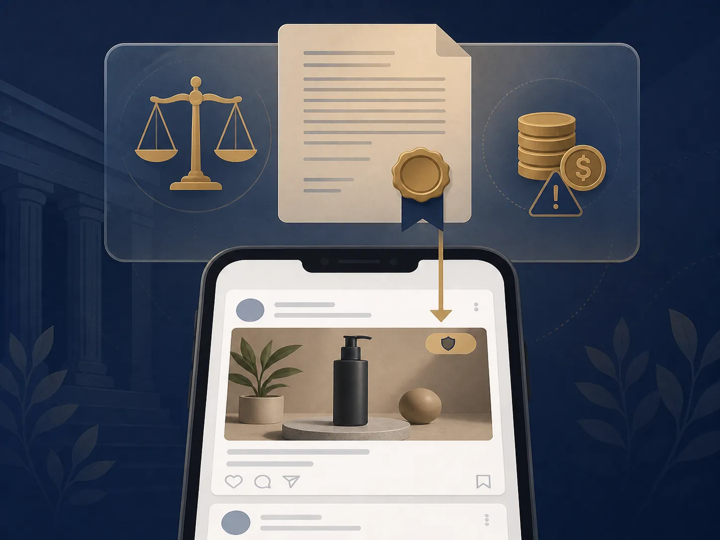 Smartphone ad feed with a disclosure badge and a legal document showing jurisdiction-level duties beyond the platform label