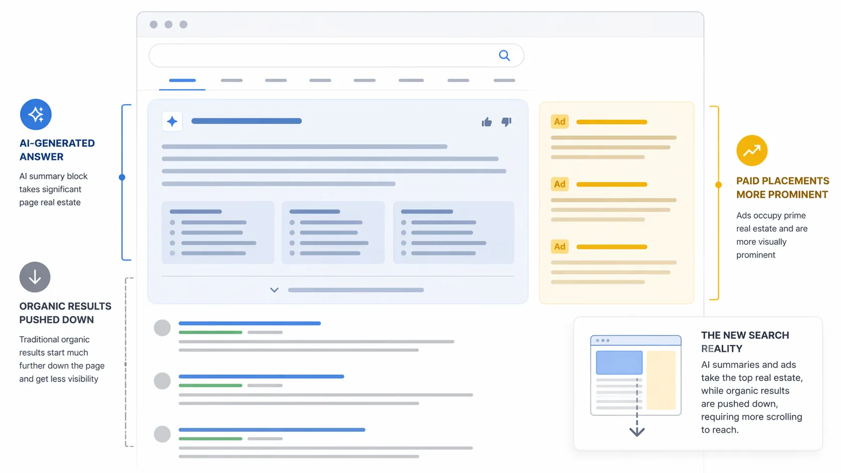 Conceptual search results page with an AI answer block pushing organic results lower while paid placement becomes more prominent