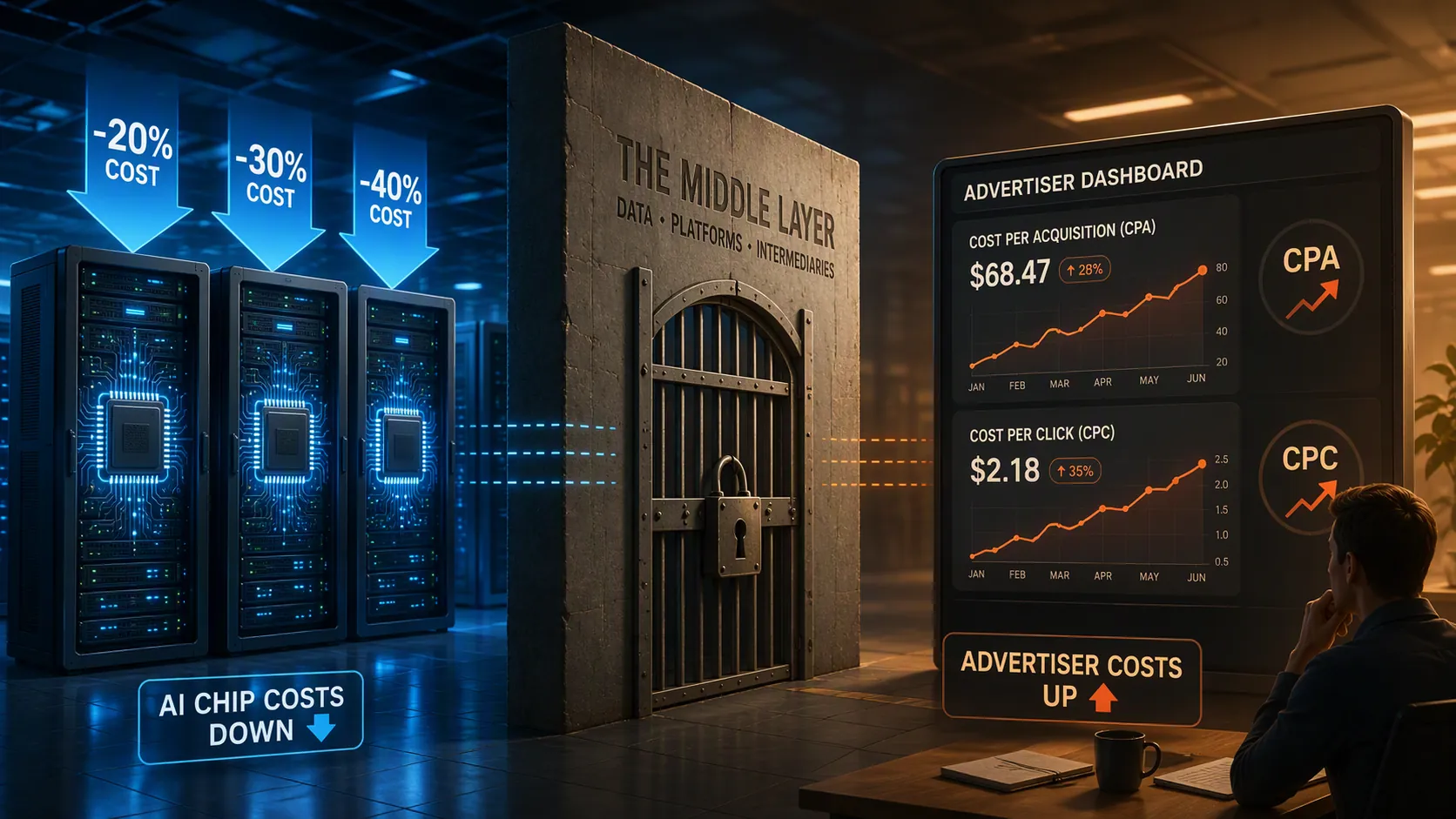 Server-side AI cost savings separated from a media buyer dashboard showing rising CPA metrics