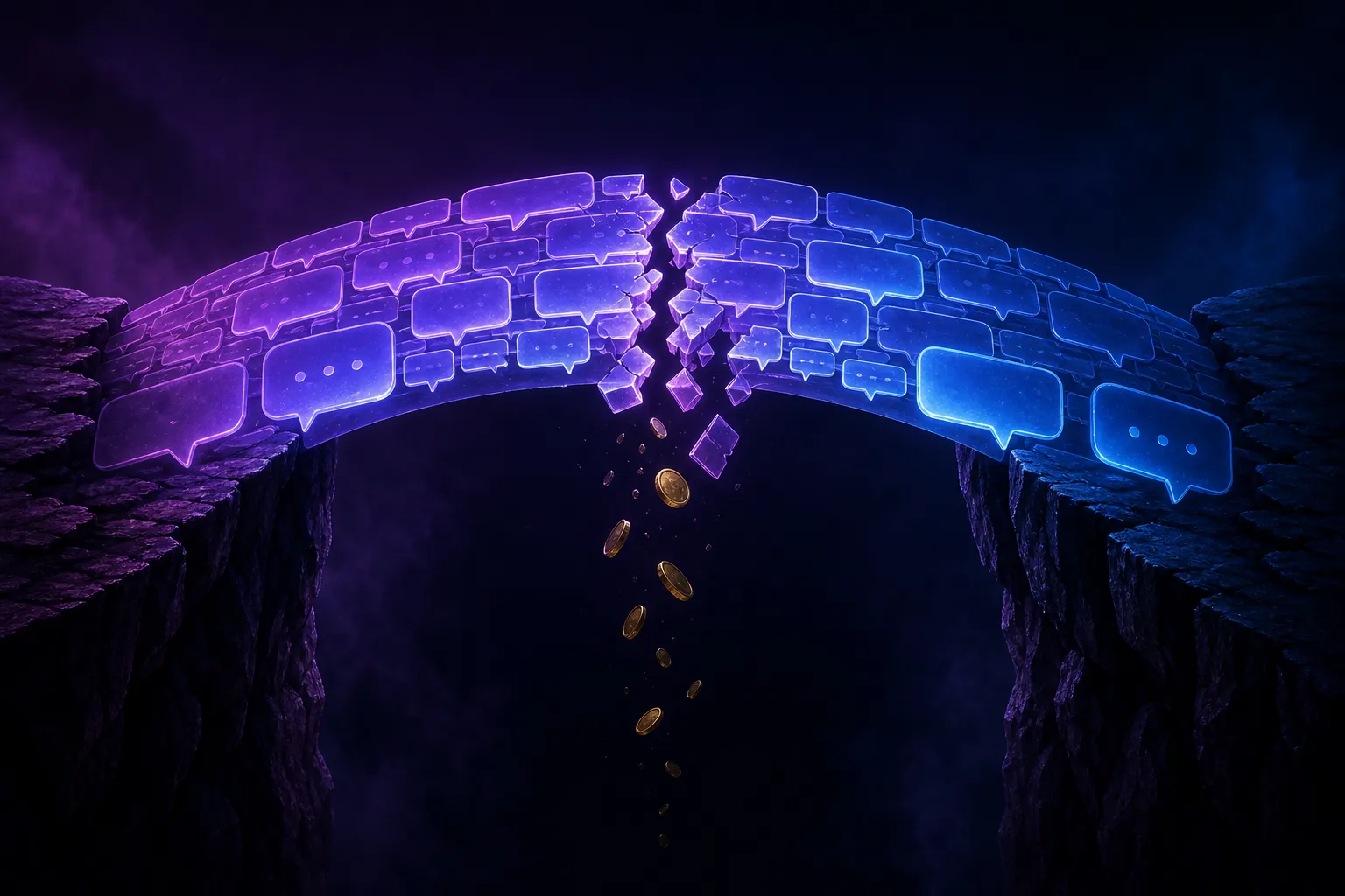 Glowing chat bubble bridge cracked in the middle with coins falling into darkness