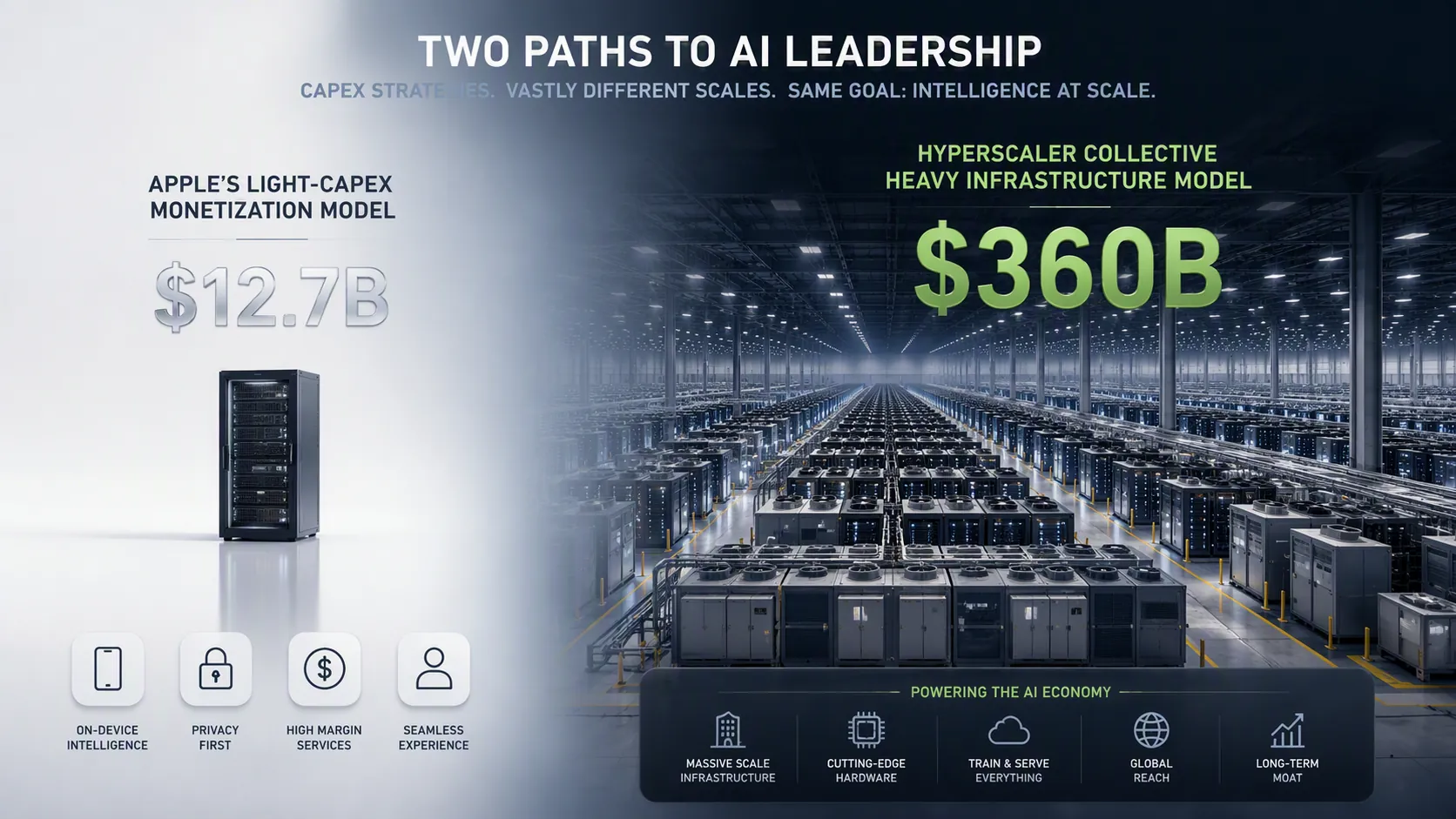 Scale comparison of Apple’s smaller capex model beside a much larger hyperscaler data center buildout