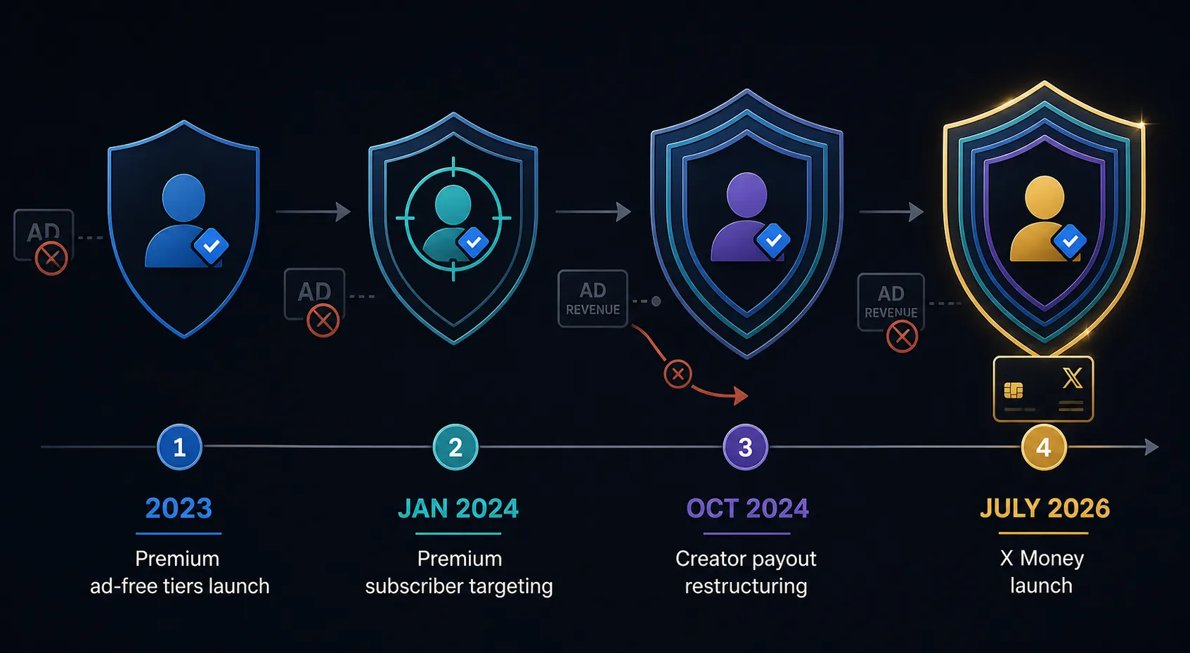Timeline showing Premium ad-free tiers, Premium targeting, creator payout changes, and X Money adding protective layers around Premium users