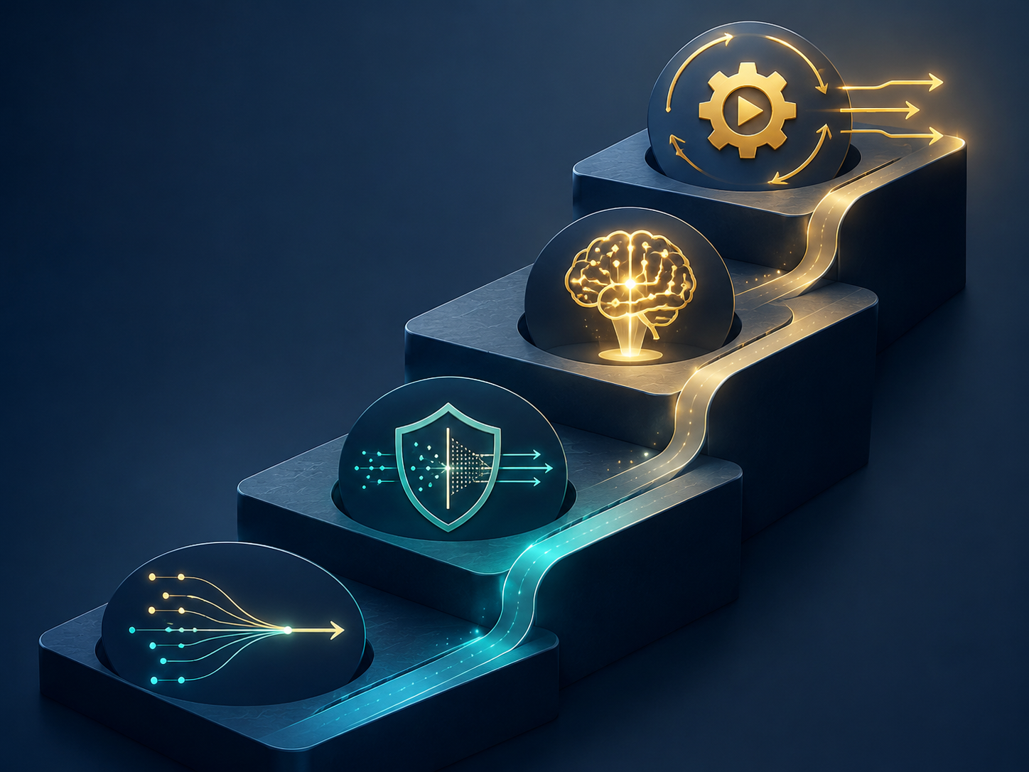 Four-stage AI marketing automation staircase showing Connect, Manage, Analyze, and Activate