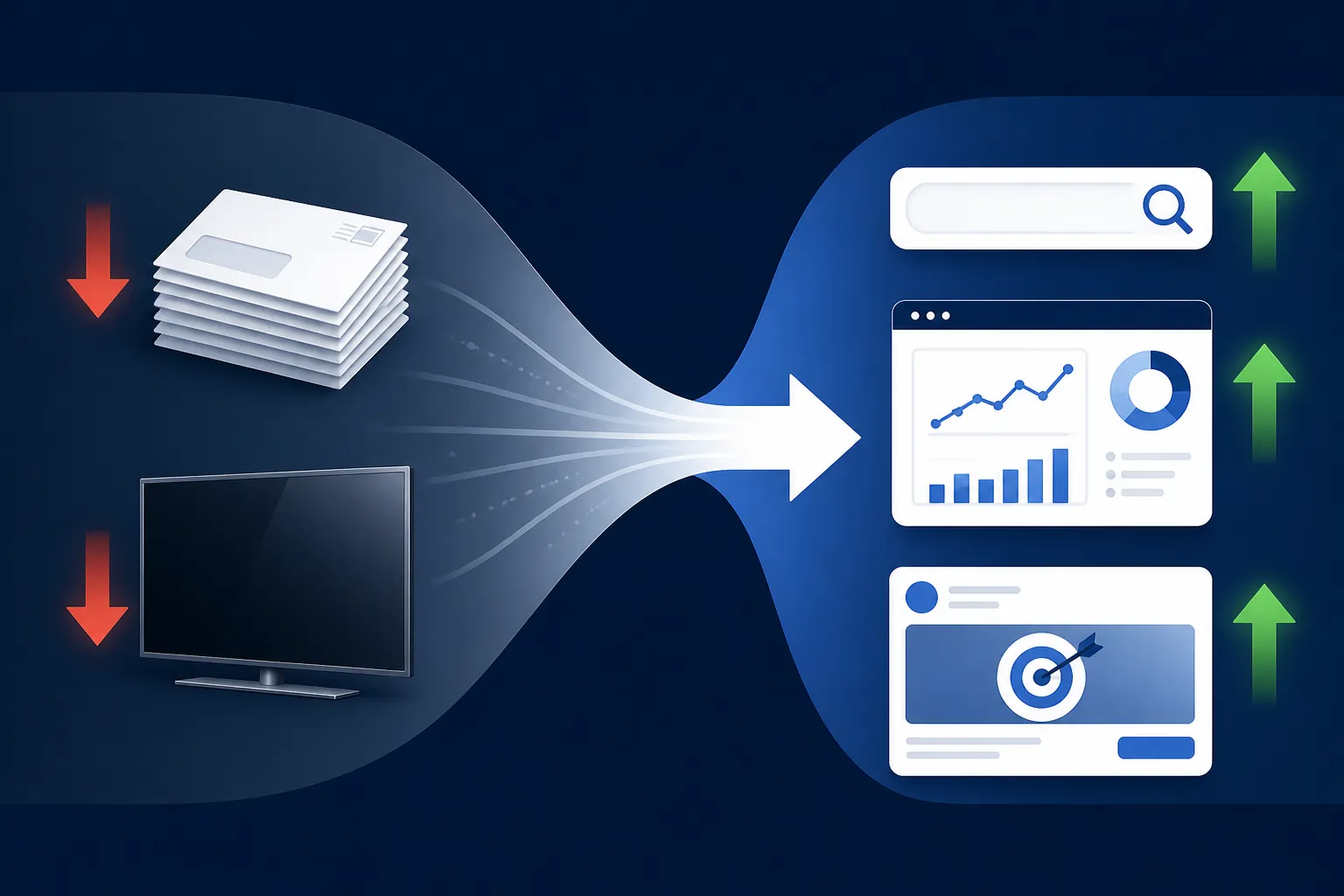 Budget flow shifting from shrinking direct mail and TV placements toward search, dashboards, and targeted digital ads