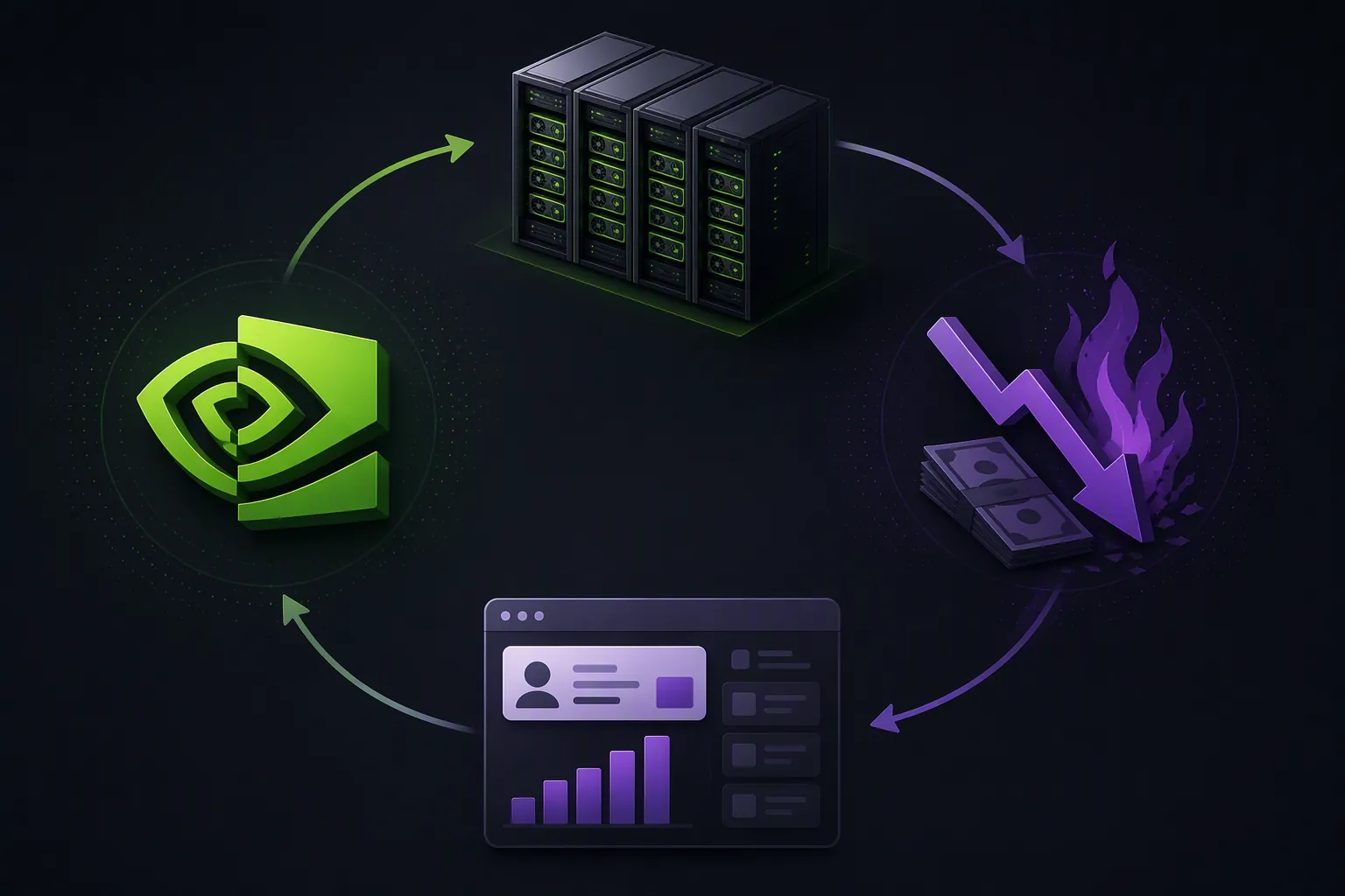 Circular financial dependency chain connecting NVIDIA, compute infrastructure, cash burn, and ChatGPT Ads
