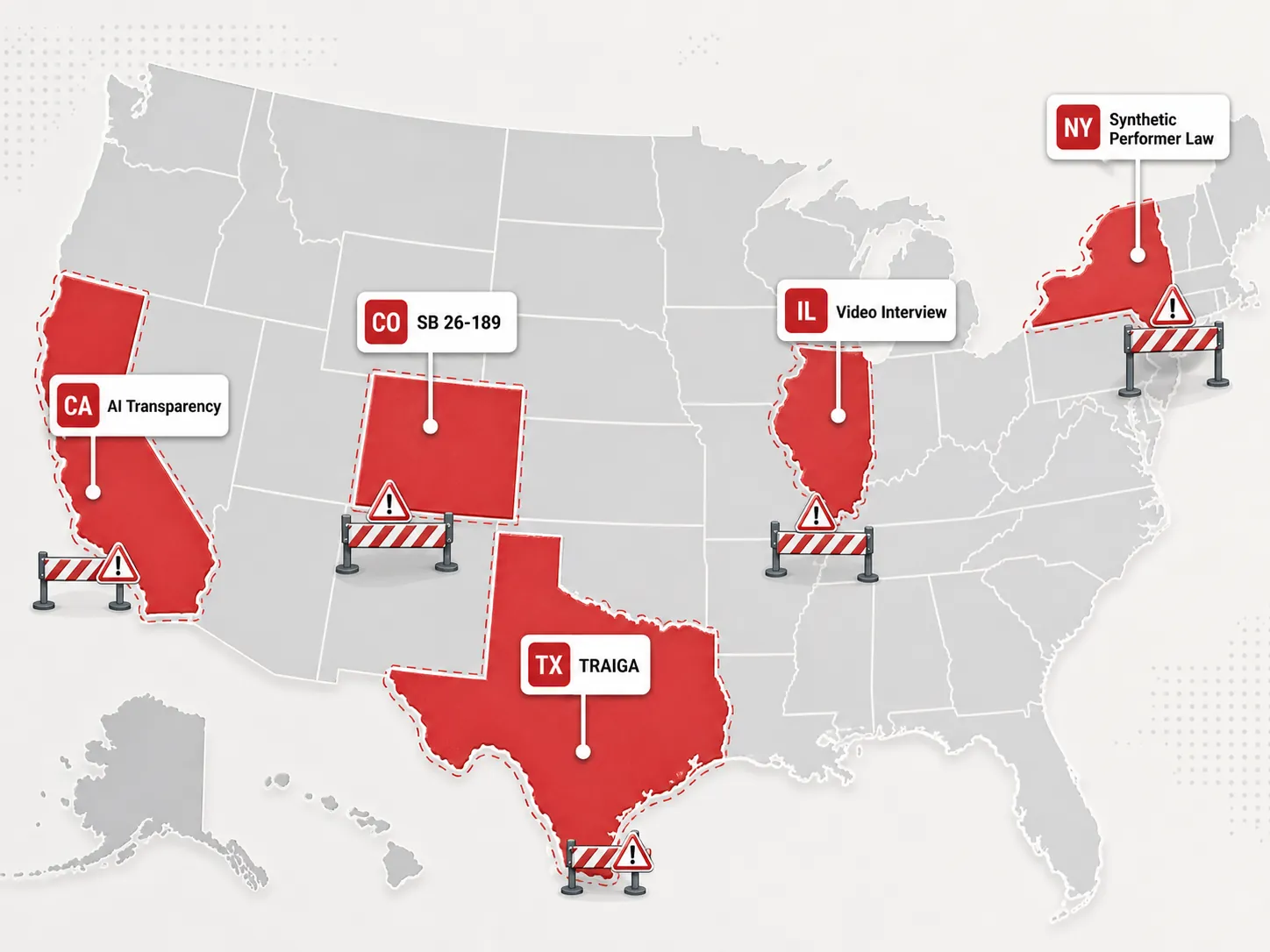 Map highlighting California, Colorado, Texas, Illinois, and New York AI law examples