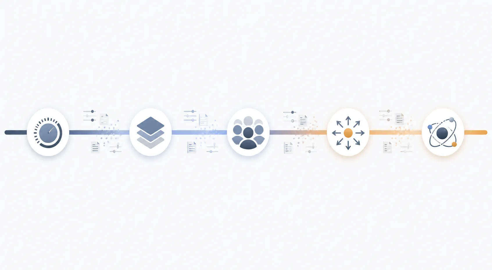 Abstract timeline of advertising automation with manual tools fading between automation nodes