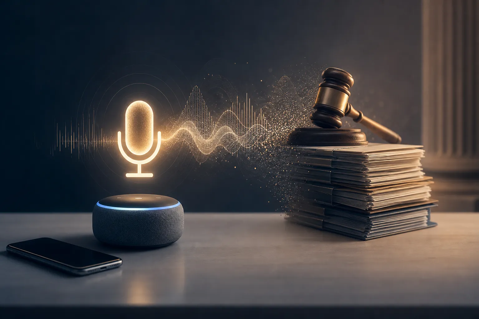 A smartphone and smart speaker beneath a microphone whose sound waves dissolve into a gavel and legal documents