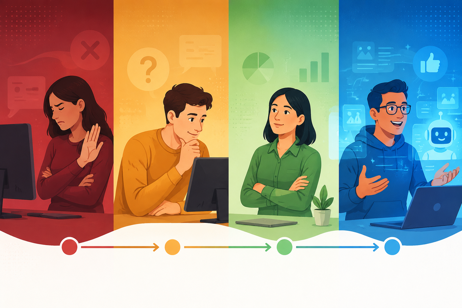 Four-panel spectrum of consumer attitudes toward AI-generated marketing from AI-Averse to All-In