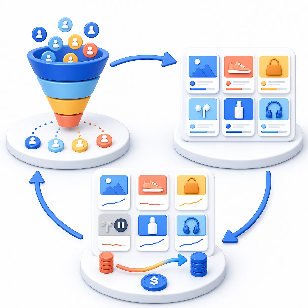 Paid-media workflow showing segmentation, campaign assembly, an ad pause, and budget movement toward a rising metric