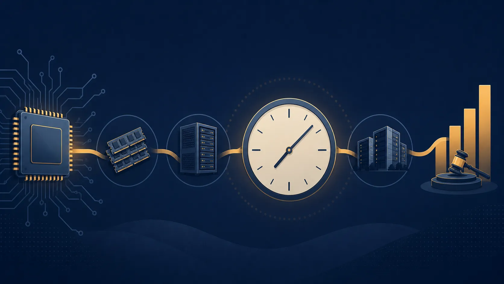 Semiconductor chip connected through memory, servers, data center infrastructure, and a clock to an ad auction chart