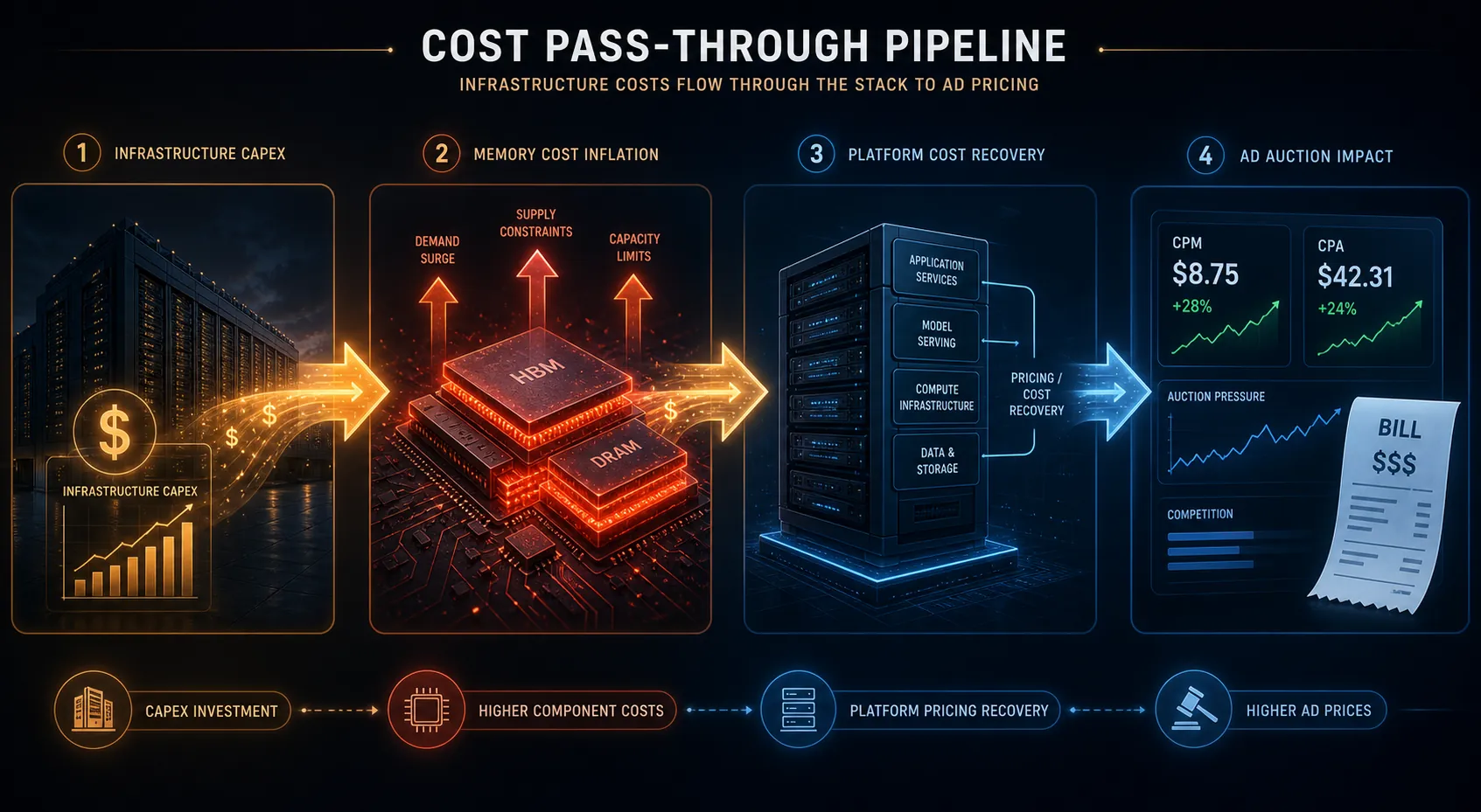 A four-stage cost pass-through pipeline from hyperscale capex to memory costs to server pricing and ad auction metrics