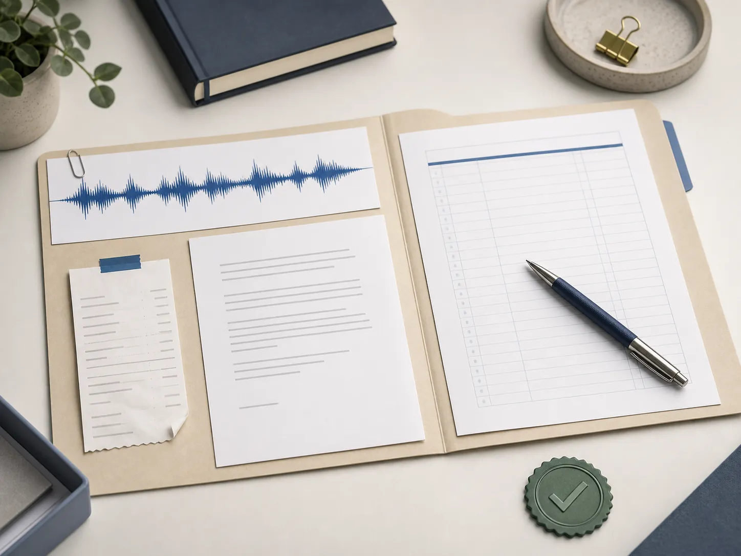 Audio asset file containing a waveform, dated receipt, terms page and prompt log