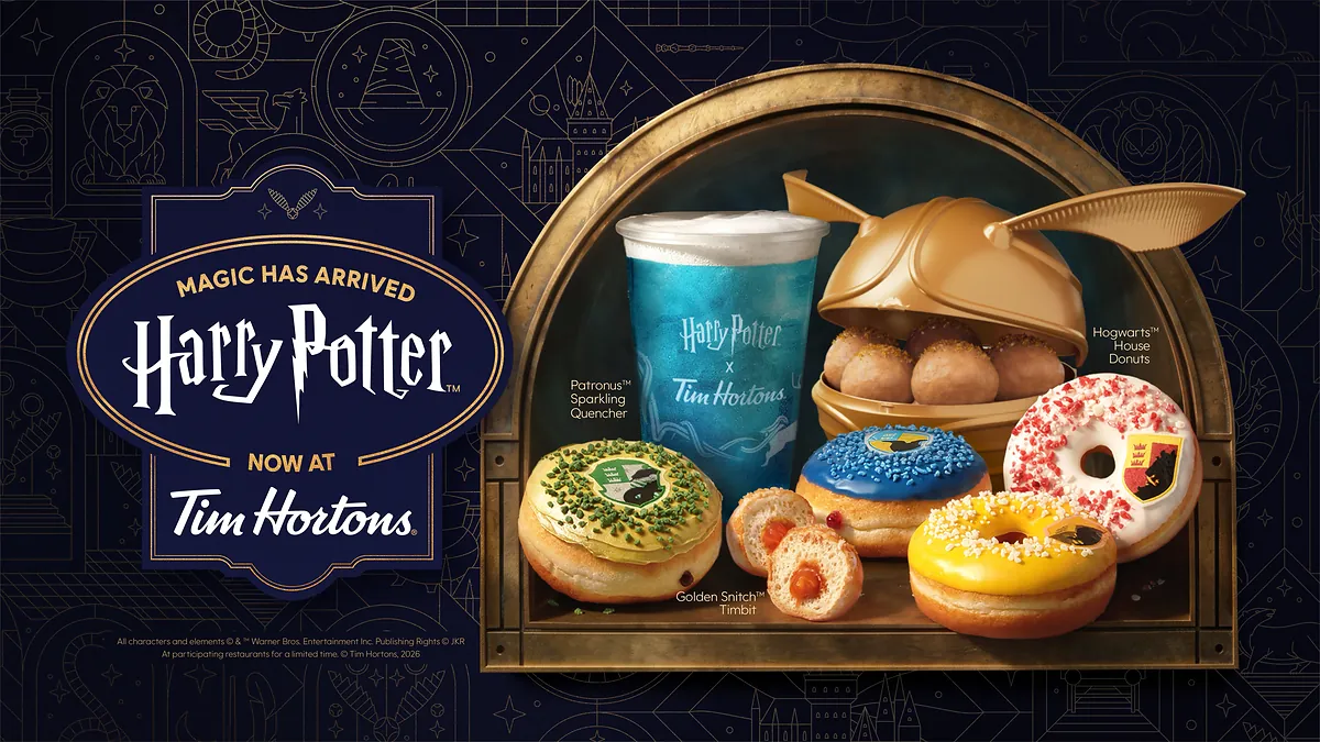 Official Tim Hortons Back to Hogwarts promotional image showing themed menu items, merchandise, and packaging