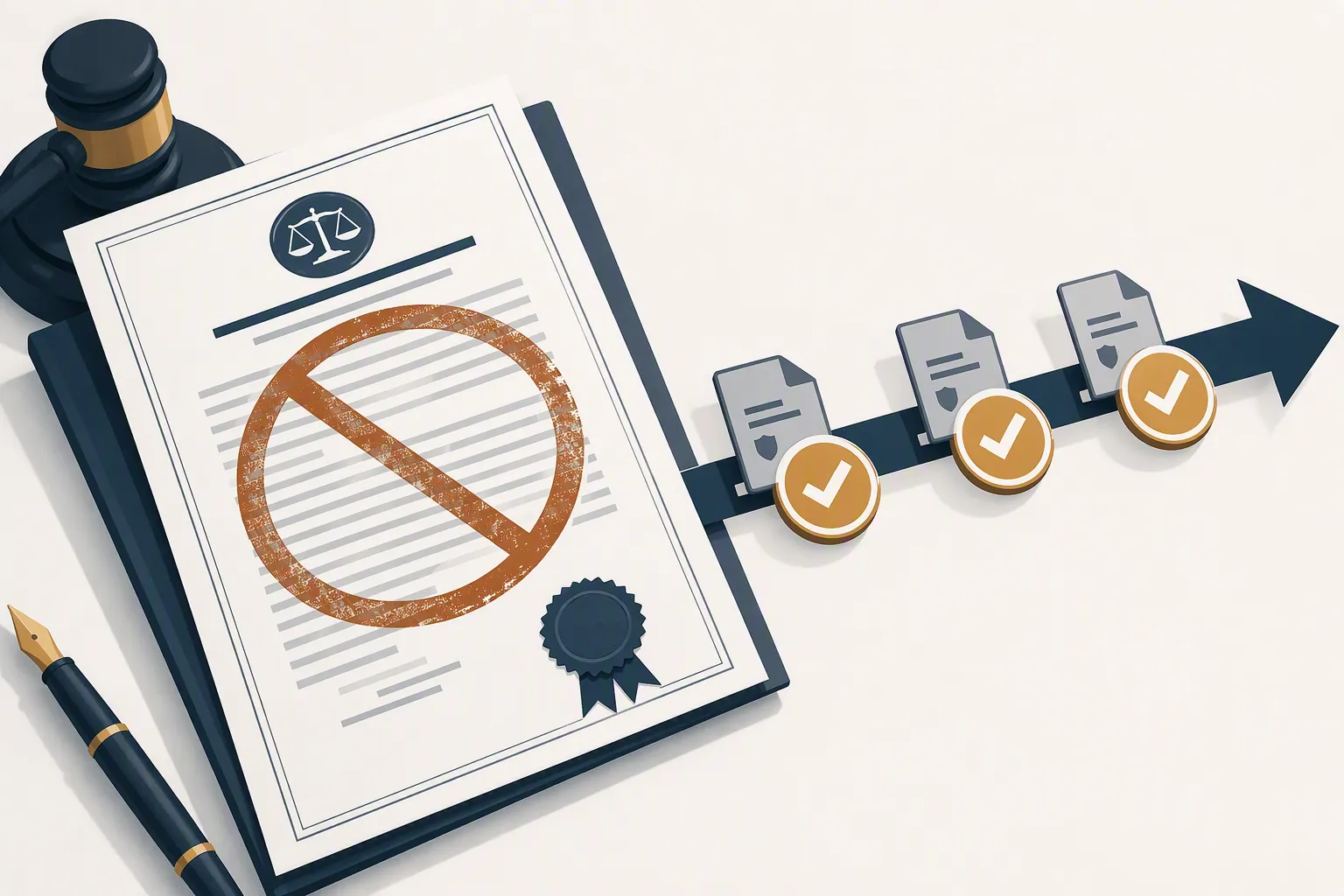 A regulation document overlapped by a cancellation stamp while compliance markers continue forward
