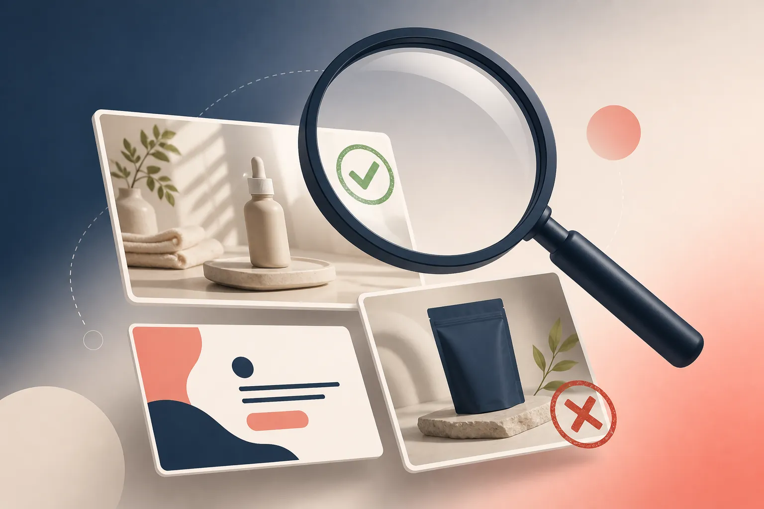 Magnifying glass over ad creative cards with verification and rejection marks