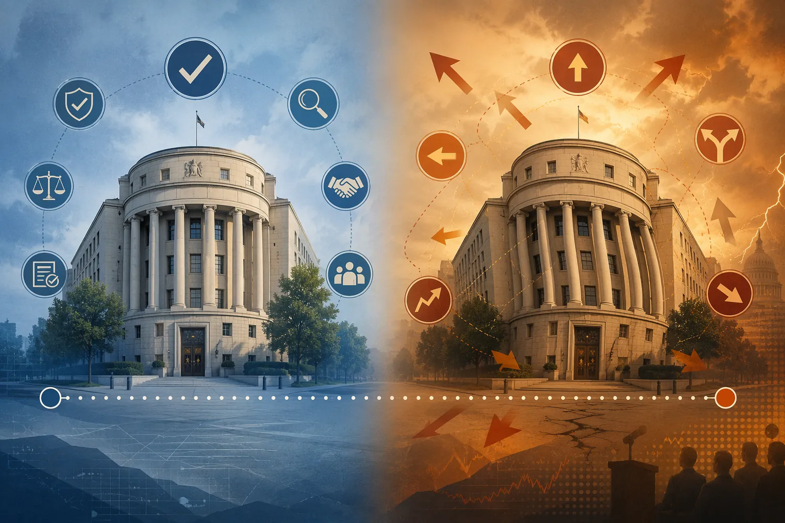 Timeline from 1935 to 2026 showing stable FTC enforcement shifting toward volatility under presidential control
