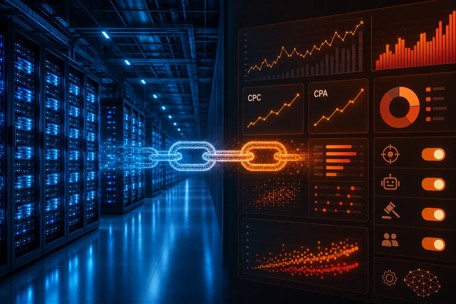 AI data center server racks connected to a digital advertising dashboard with CPC and CPA metrics