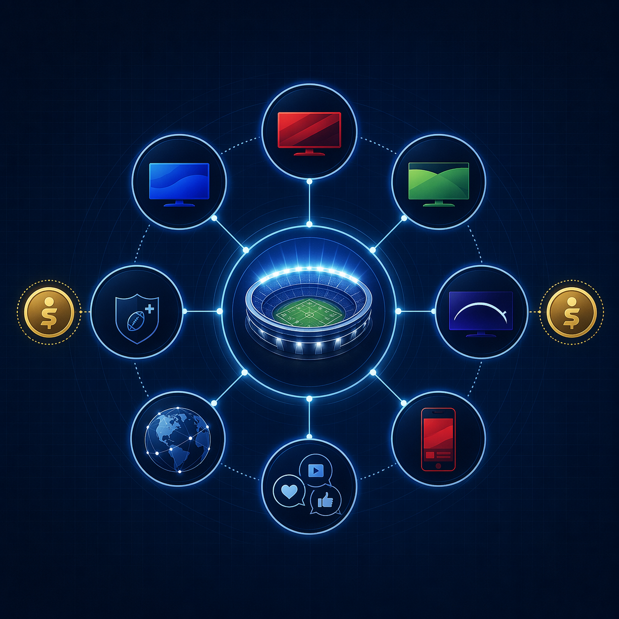 Network diagram showing a football stadium connected to eight platform nodes with sponsor icons beside the distribution ring