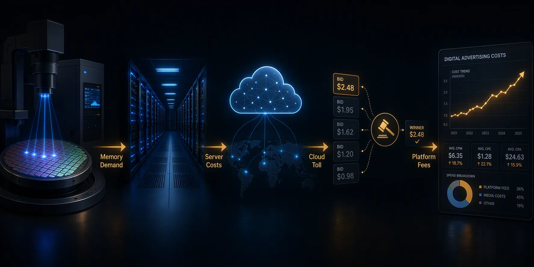 Supply chain from semiconductor inspection to AI data centers, cloud tolls, programmatic auctions, and rising ad costs