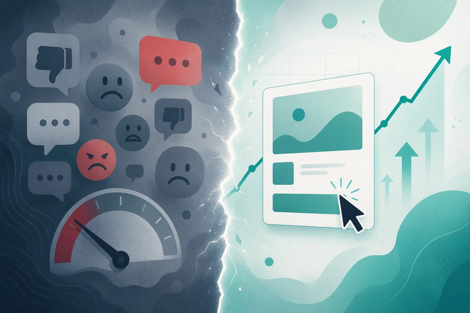 Split illustration showing negative consumer sentiment toward AI-made ads on one side and rising click performance on the other
