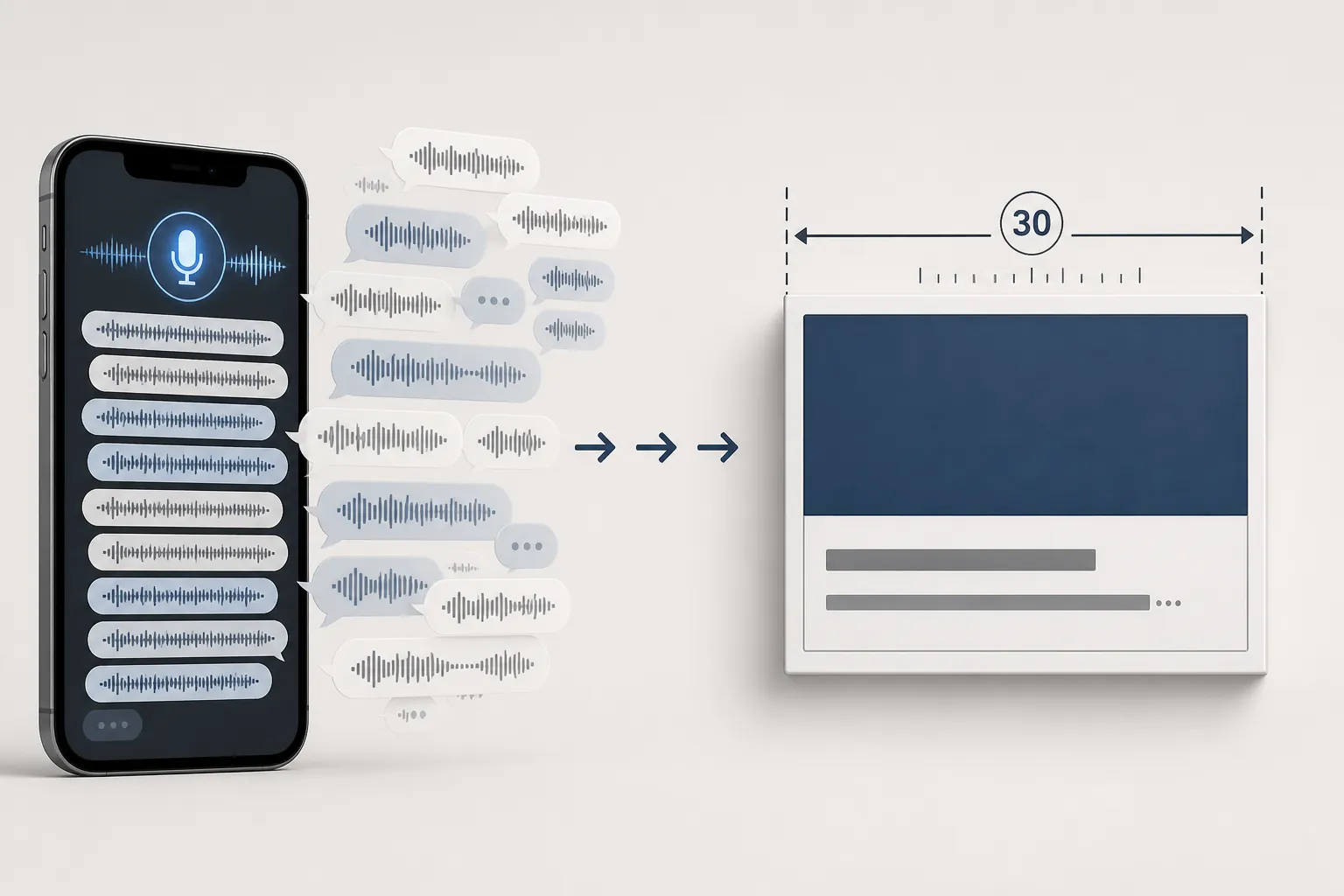 Phone speech-to-text output flowing into a 30-character ad box where the copy is visibly truncated