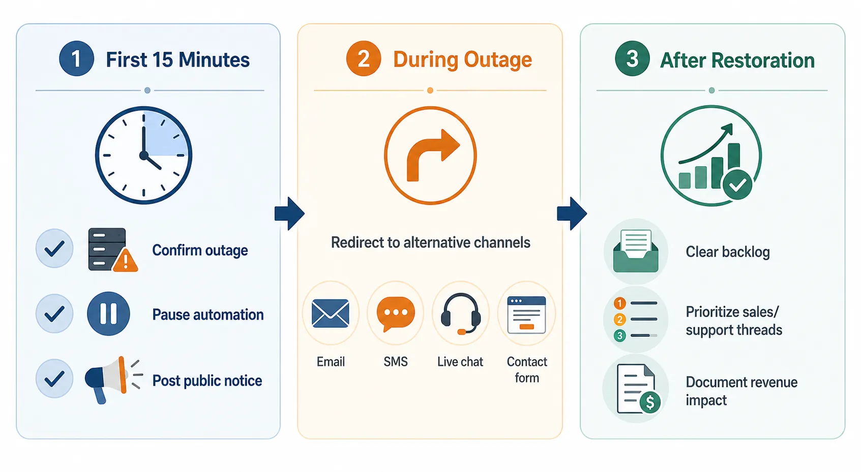 Three-panel workflow diagram showing first 15 minutes, during outage, and after restoration steps for Instagram DM outages