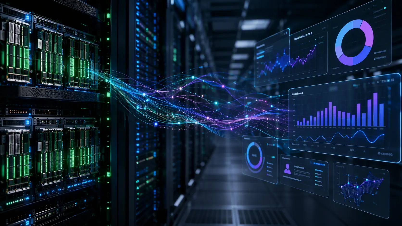 Dark data center aisle with advertising dashboard metrics connected to memory infrastructure