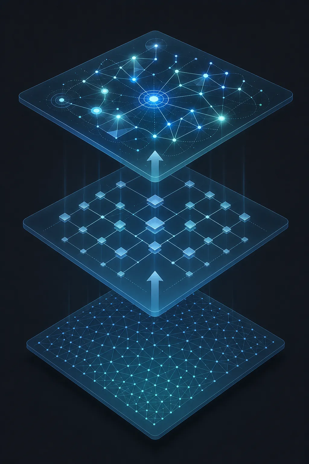Layered AI automation structure with connected nodes