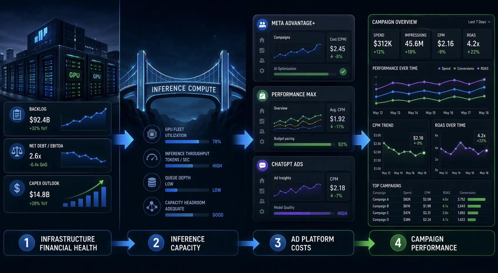 Dependency chain from GPU infrastructure through inference compute to AI ad platform performance metrics