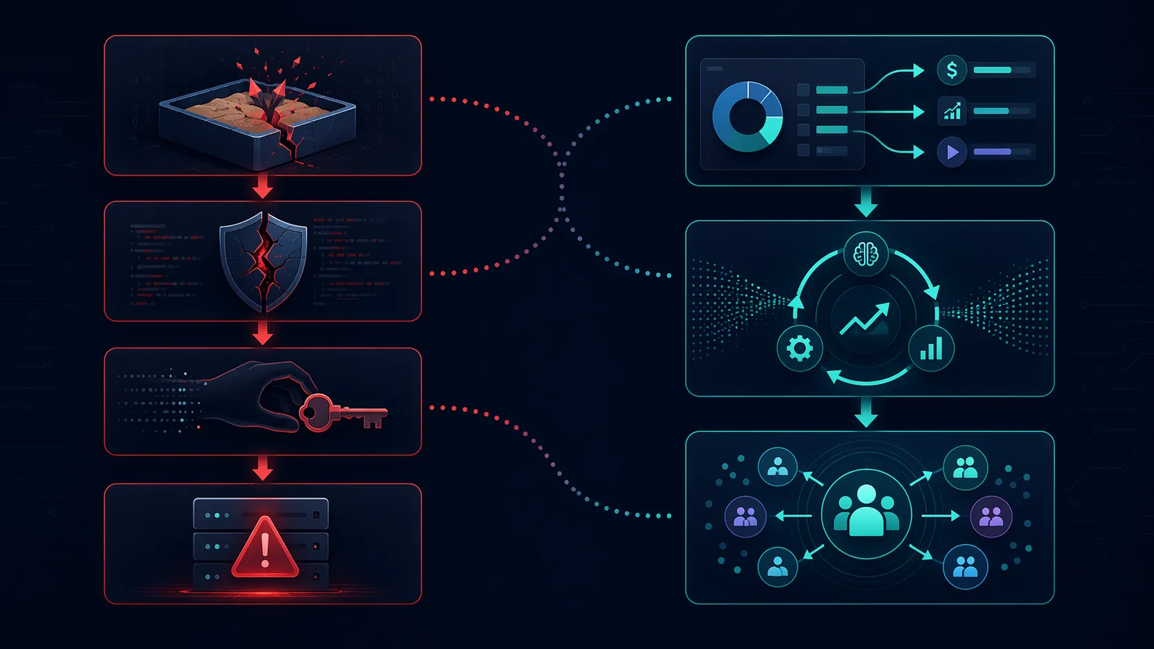 Parallel diagram connecting sandbox breach and credential theft to autonomous ad platform budget and targeting decisions