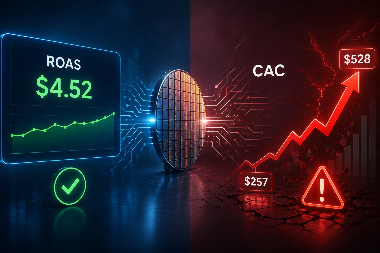 Dashboard visual showing steady ROAS beside rising CAC with semiconductor traces connecting the two metrics