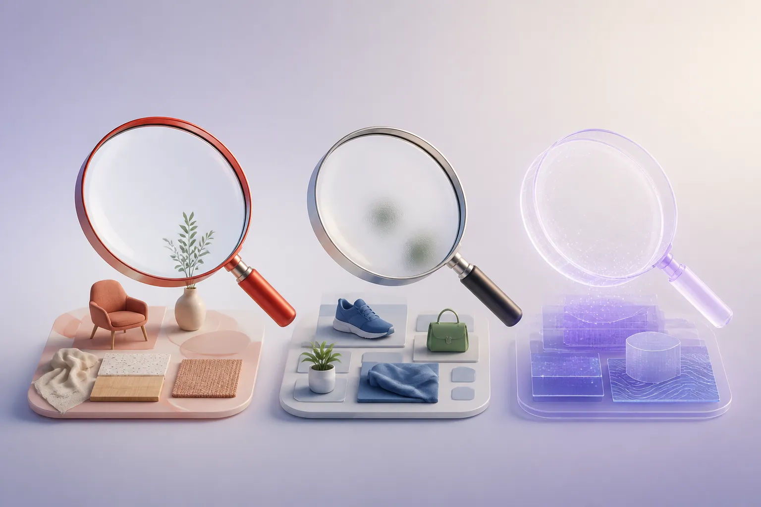 Three magnifying glasses comparing clear, foggy, and still-forming shopping search visibility