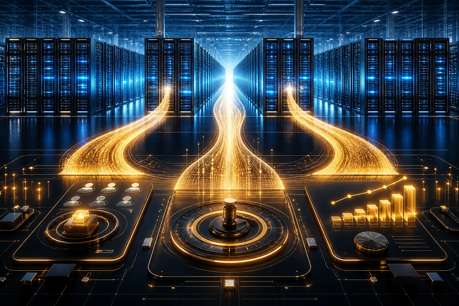 Vast AI data center feeding three streams of light into an abstract ad auction interface