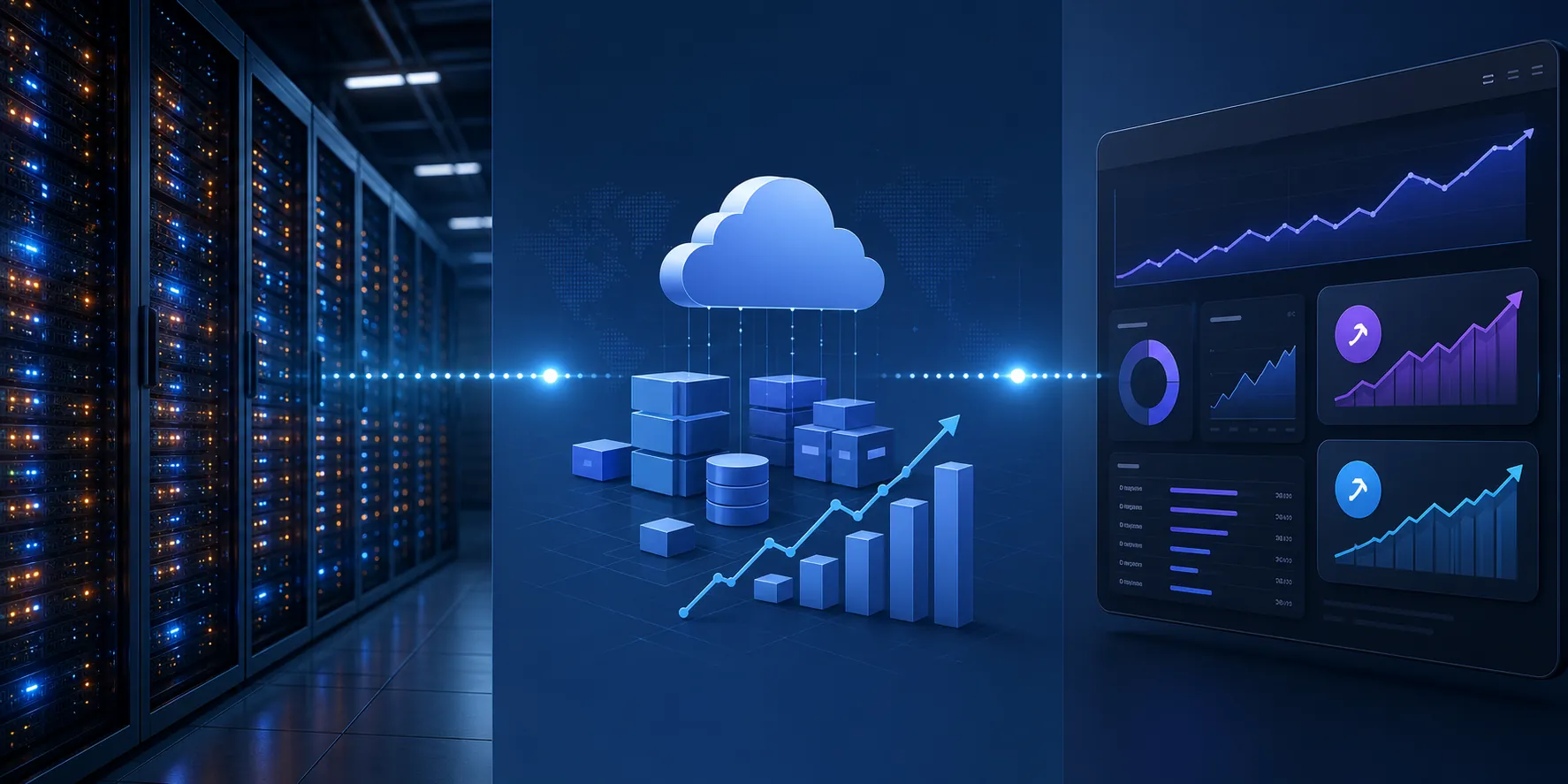 Editorial illustration of a data center, cloud infrastructure icons, rising price charts, and an advertising dashboard with increasing CPM metrics