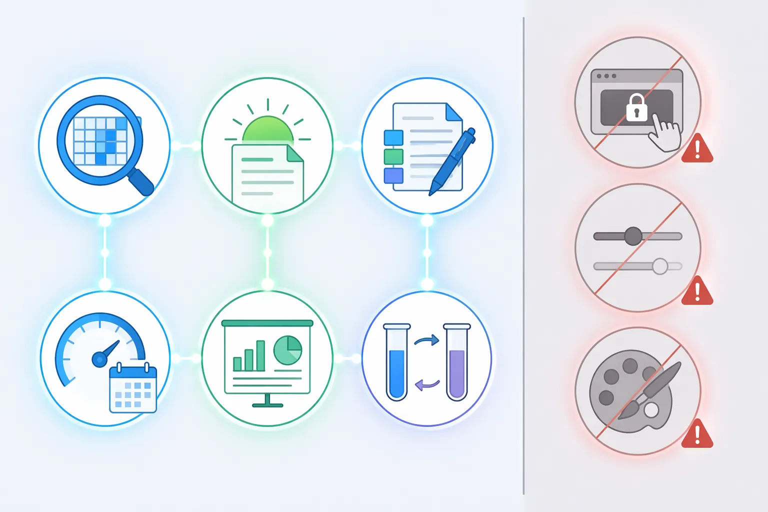 Comparison of six active ad workflow nodes and three blocked workflow nodes
