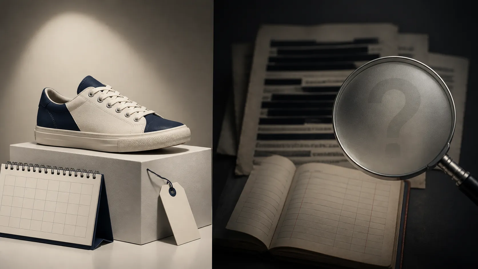 Editorial illustration contrasting a public sneaker launch calendar with an opaque paid-media ledger