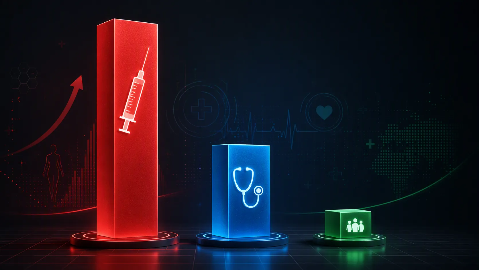 Comparison visual showing a tall red medical price pillar, a medium blue concierge medicine pillar, and a tiny green blended average pillar