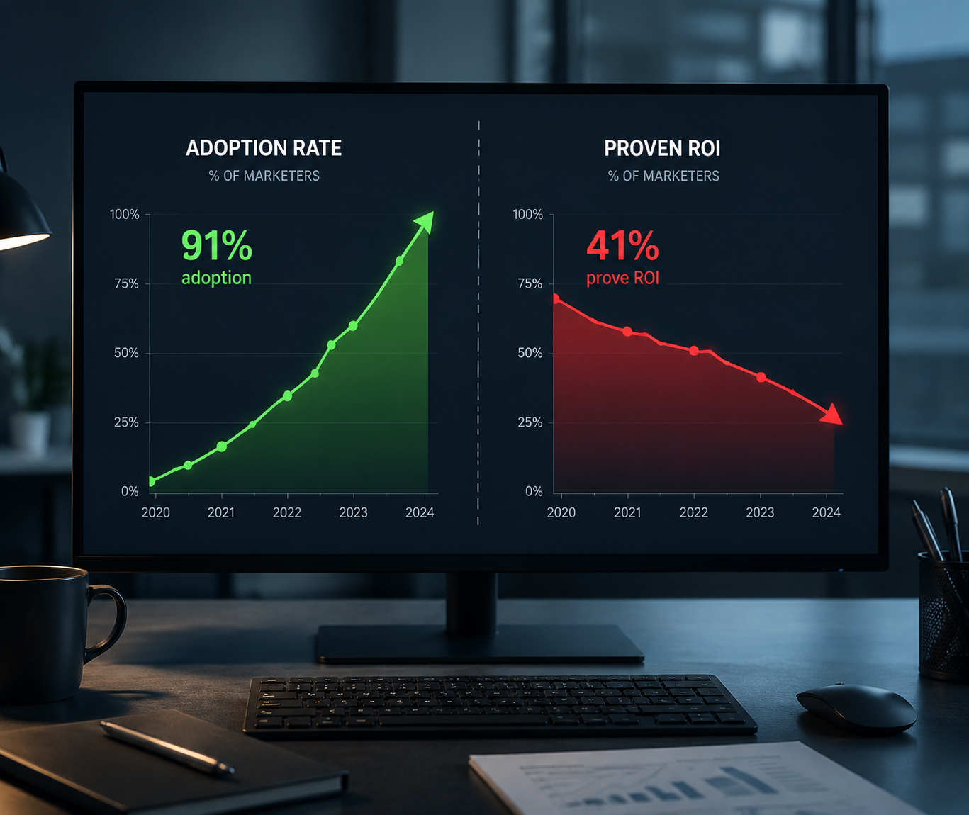 Dashboard comparing 91% AI adoption with 41% ROI proof