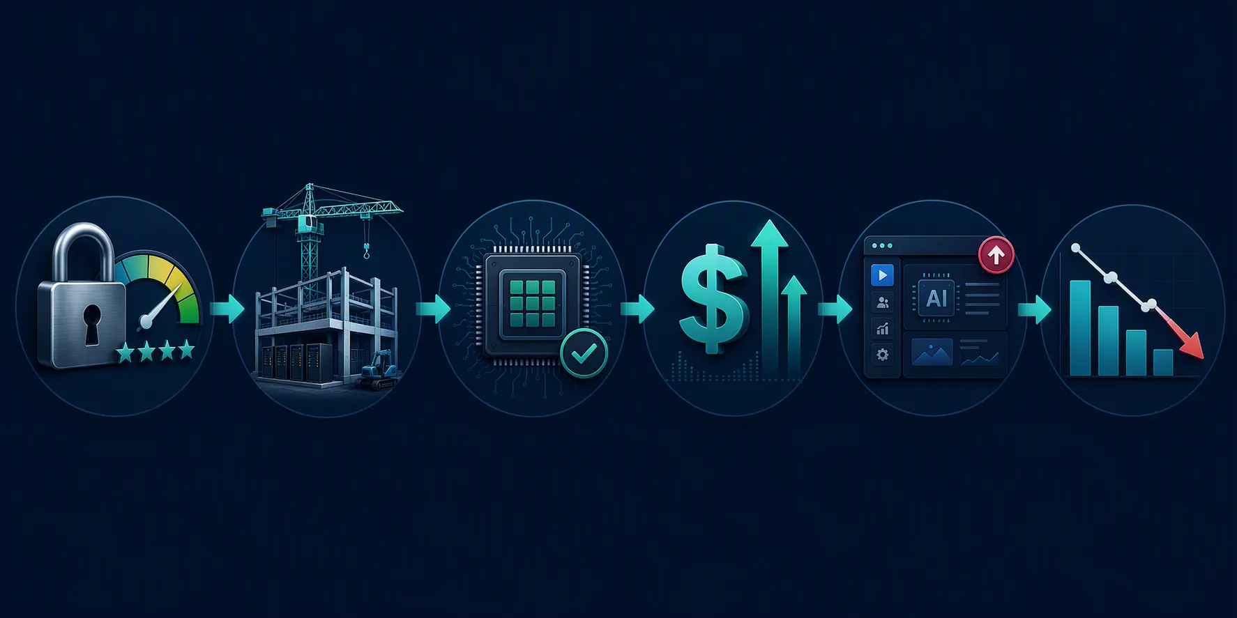 Flow diagram showing credit constraints moving through data-center construction, GPU availability, rising cost, AI ad platform systems, and declining campaign analytics