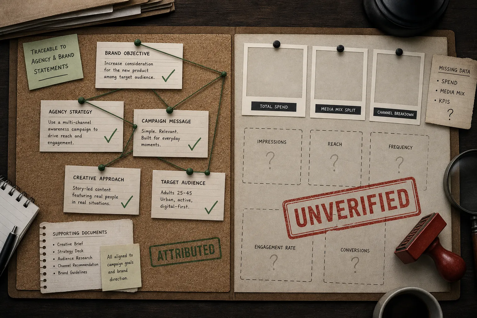 Campaign case file showing attributed claims connected to empty frames stamped unverified