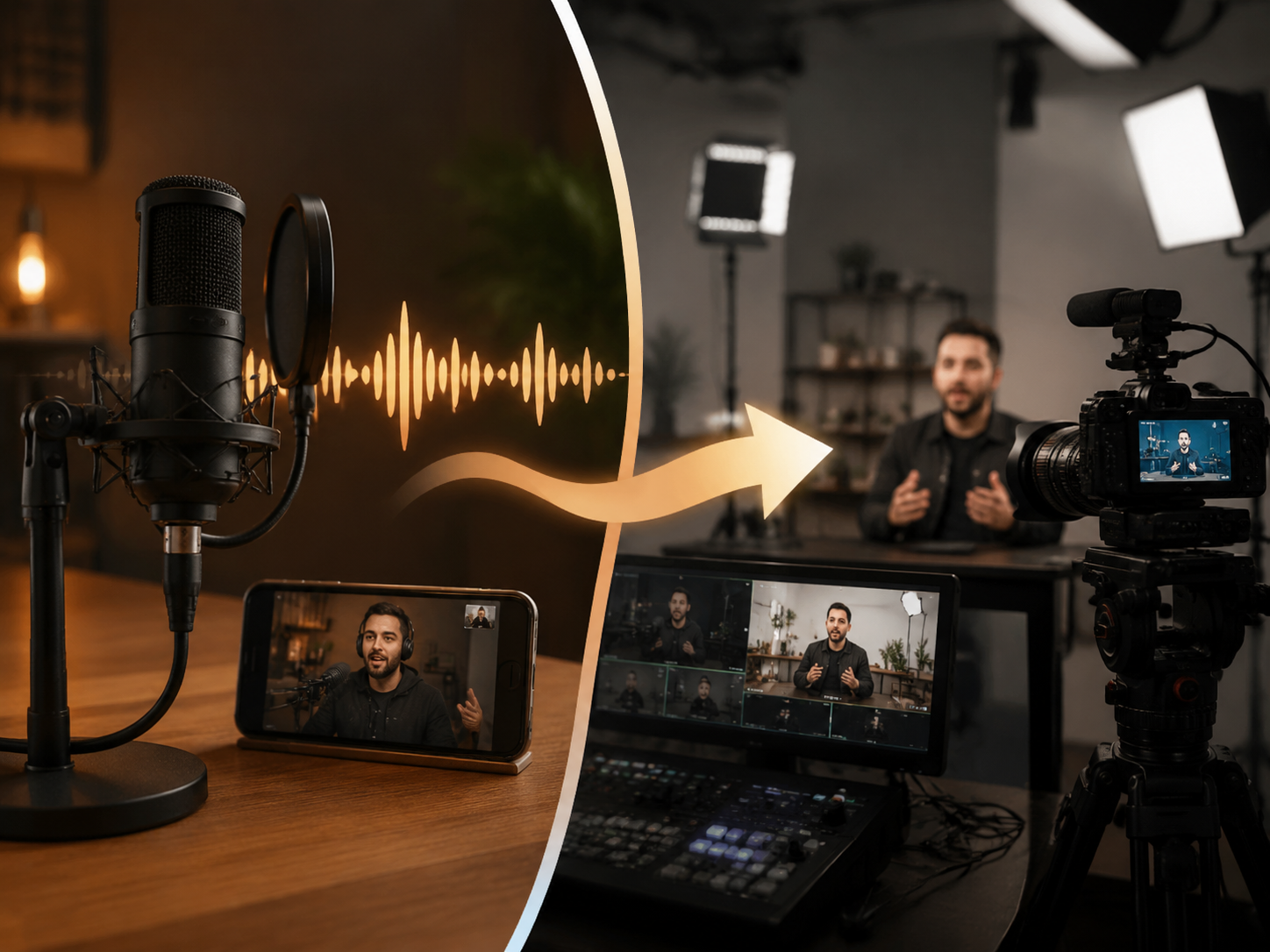 A split editorial image contrasts a microphone and PiP audio waveform with traditional video camera and monitor equipment
