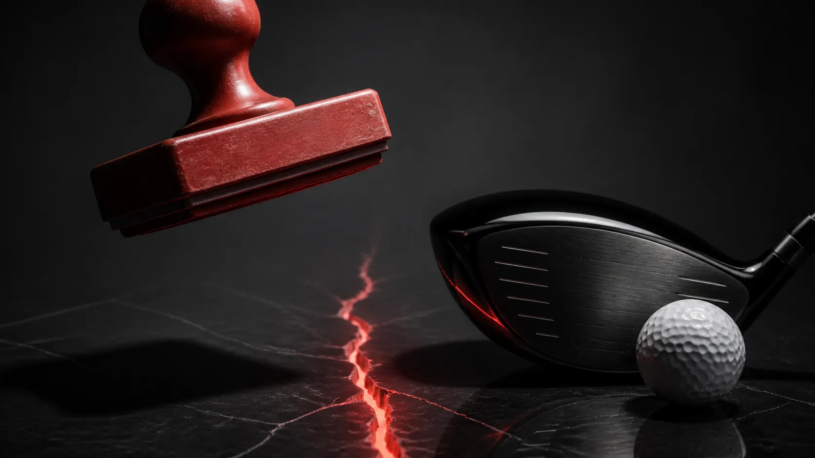 Glossy black golf driver and ball under a red approval stamp with a glowing crack in the surface