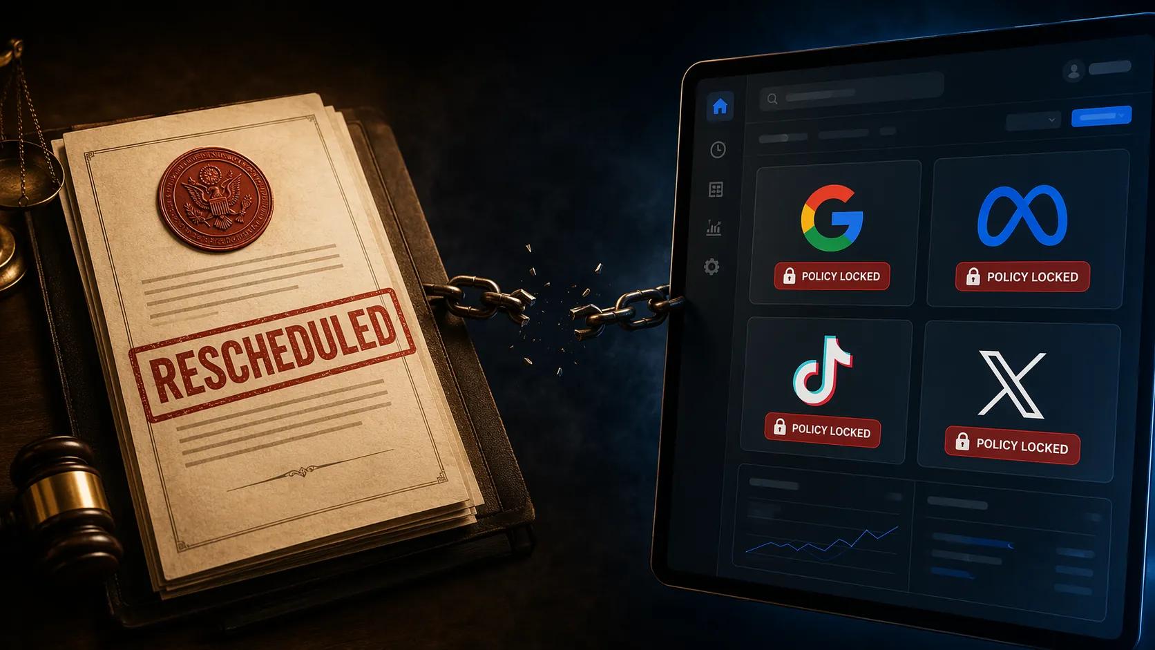 Legal rescheduling document separated from restricted ad platform dashboard